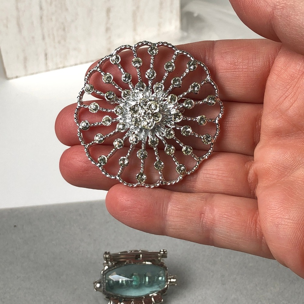 Vintage Brooch Pin 3pc‎ Lot Blue Clear Rhinestone Crystals Silver Tone MCM - Picture 7 of 15